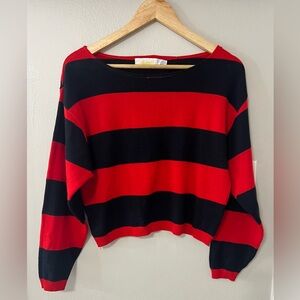 Vintage Express Red Black Striped Cropped Knit Sweater Grunge 90s